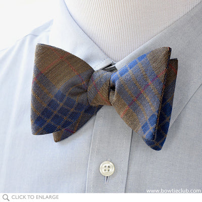 British Wool Plaid Bow Tie in Red Brown and Blue on Blue Pinpoint Oxford Shirt