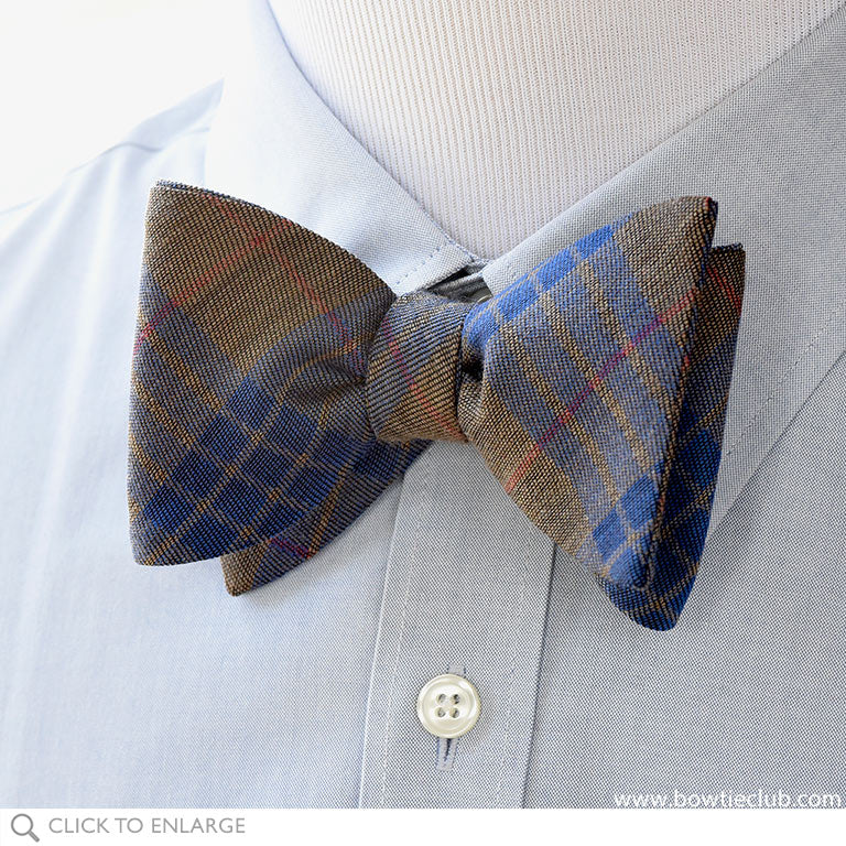 British Wool Plaid Bow Tie in Red Brown and Blue