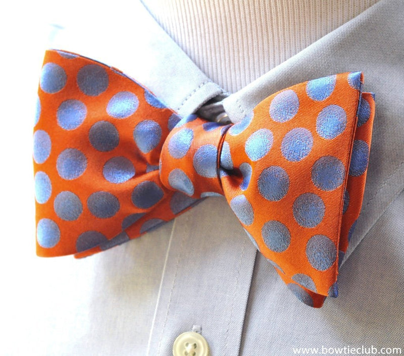 pretied ornage and blue woven polka dot bow tie