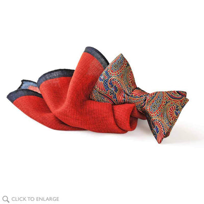 Deep red wool pocket square with paisley red bow tie