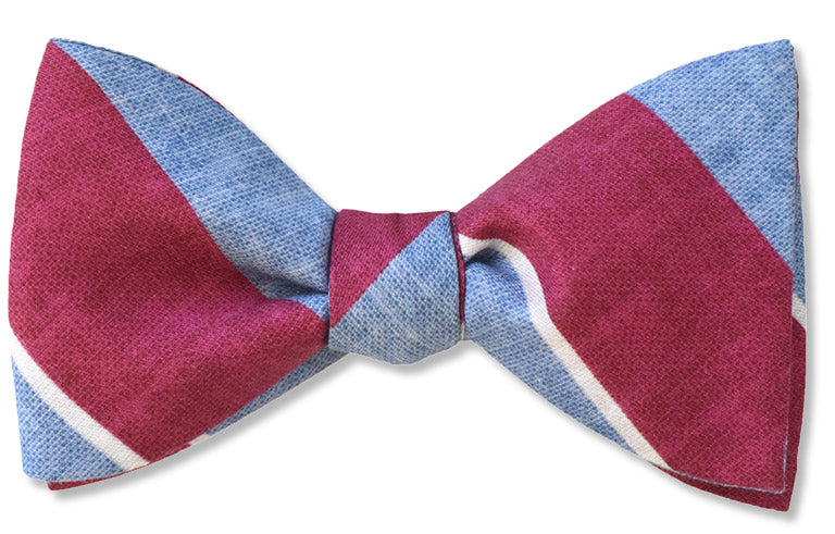 Denim Blue, Burgundy and white cotton stripe bow tie