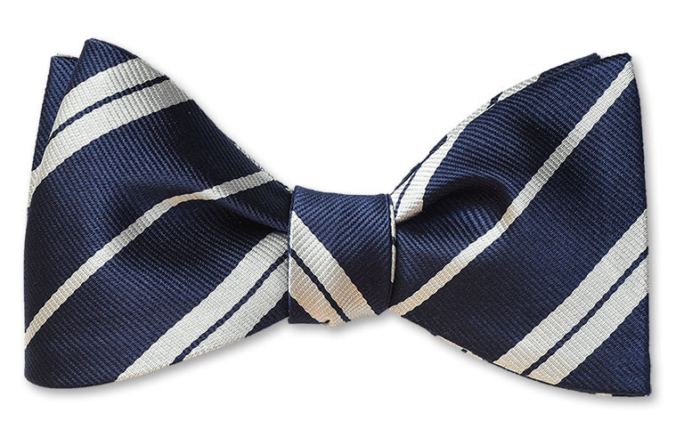 Pretied white and navy stripe woven silk bow tie