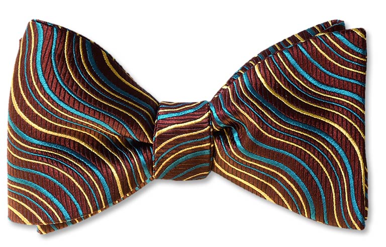 Yukon River pre-tied bow tie of teal, gold and burgundy silk
